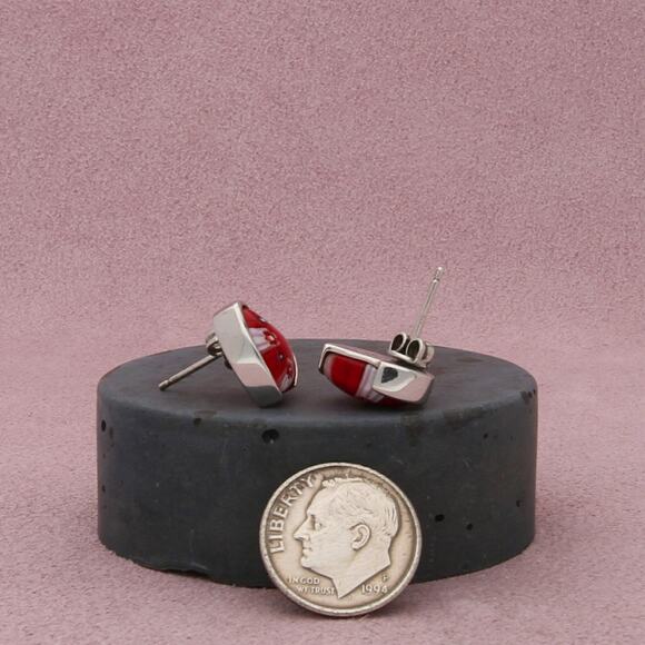 alan k sterling silver red millefiori murano glass heart stud earrings - Picture 2 of 3